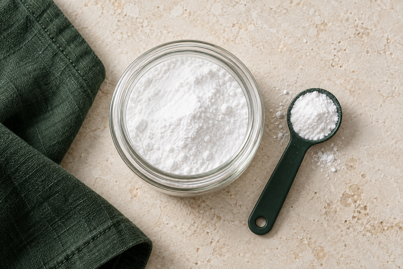 Baking soda powder in a jar with a green measuring spoon